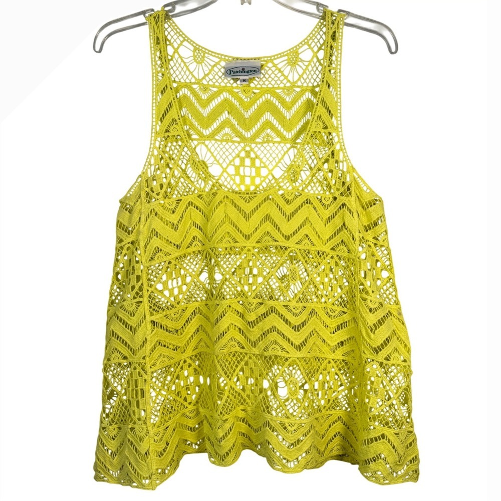 PATCHINGTON Open Knit Crochet Tank Too, Neon Yellow Scoop Neck, Size Medium